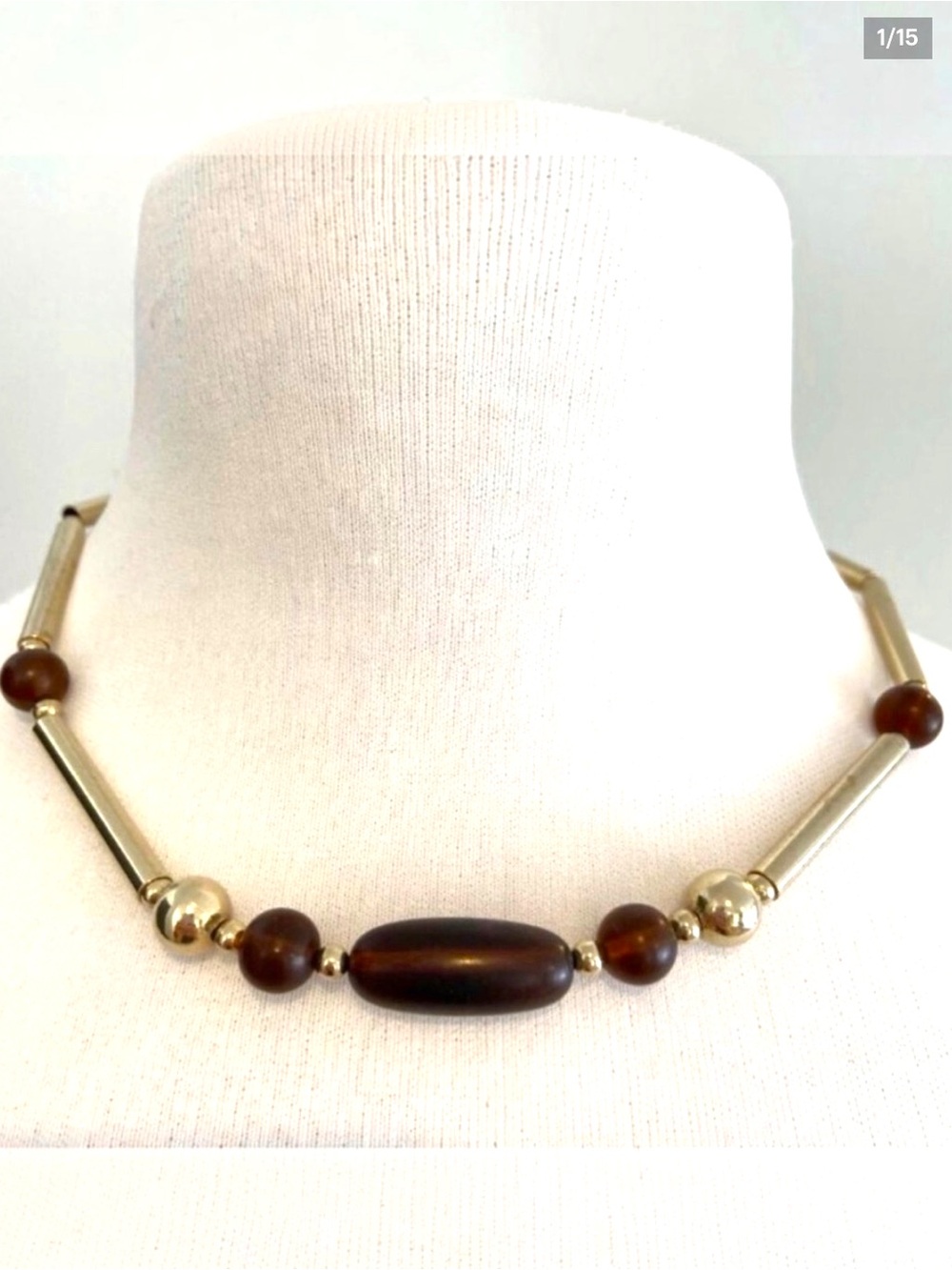 Sarah Coventry Vintage Gold-Tone Necklace With Brown Beads & Tubular Links 1970s